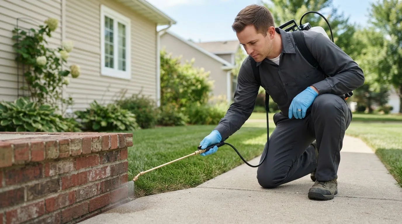 Pest control technician treating a home near Sinnamahoning, PA